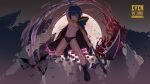  1boy 2020 abs arm_up bare_pectorals bat_(animal) bishounen black_boots black_male_underwear blue_cape blue_eyes blue_hair boots cape commentary_request english_text even1672 facial_tattoo fiery_aura flying full_body full_moon heterochromia hip_bones holding holding_scythe holding_weapon huge_weapon looking_at_viewer male_focus male_underwear moon muscular muscular_child muscular_male navel night nipples original outdoors pectorals pointy_ears red_aura robe scythe smile stomach tattoo thighs underwear weapon yellow_eyes 