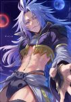  1boy armor closed_mouth codpiece commentary_request cowboy_shot cropped_jacket feather_hair_ornament feathers final_fantasy final_fantasy_ix fingernails full_moon gold_trim grey_eyes grey_hair hair_ornament highres ibmiola jacket kuja long_hair male_focus midriff moon navel outstretched_hand parted_bangs purple_jacket red_moon sharp_fingernails shoulder_armor solo trap white_sleeves 