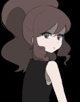  1girl black_background black_vest brown_hair closed_mouth commentary_request ddakji_0025 eyelashes grey_eyes highres hilda_(pokemon) korean_commentary long_hair looking_to_the_side pokemon pokemon_black_and_white shirt sidelocks simple_background sleeveless sleeveless_shirt solo upper_body vest white_shirt 