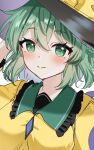  1girl black_hat blush breasts closed_mouth commentary_request dnrnak green_eyes green_hair hat highres komeiji_koishi looking_at_viewer short_hair smile solo touhou upper_body 