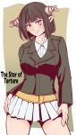  1girl black_hair breasts commentary_request cosplay demon_girl demon_horns feet_out_of_frame green_jacket hanna-justina_marseille hanna-justina_marseille_(cosplay) highres hime-sama_"goumon"_no_jikan_desu horns jacket large_breasts looking_at_viewer pointy_ears red_eyes shirt short_hair skirt smile standing torture_tortura user_zzhv7757 white_shirt white_skirt witches_of_africa world_witches_series 