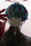  1boy absurdres arknights arknights:_endfield arm_up belt belt_buckle black_belt black_jacket black_shirt buckle camille_(arknights) chest_belt closed_mouth earrings gloves green_hair hair_between_eyes halo highres jacket jewelry looking_at_viewer magu_(maguro1999aka) male_focus multicolored_eyes multicolored_hair piercing pointy_ears red_gloves red_halo shirt simple_background single_earring smile solo spiked_halo streaked_hair white_background 