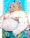  1boy animal_ears bandaid bandaid_on_cheek bandaid_on_face bara belly biceps blue_male_swimwear blush bulge closed_mouth copyright_name dog_boy dog_ears dog_tail english_commentary english_text furry furry_male highres ligmabui live_a_hero looking_at_viewer male_focus male_swimwear navel nipples official_art pectorals plump smile tail topless_male twitter_username white_fur yohack 