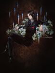  absurdres alucard_(castlevania) arikado_genya black_hair black_necktie black_shoes blue_eyes blue_fire candle castlevania:_aria_of_sorrow castlevania_(series) crossed_legs fire flower formal_clothes highres jacket long_hair long_sleeves male_focus multiple_boys necktie pants shoes skull_background soan9 suit 