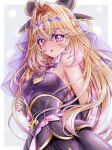  1girl absurdres antenna_hair bare_shoulders black_bow black_capelet black_dress blonde_hair blush bow breasts brooch capelet commander_kei commentary_request cure_arcana_shadow diamond_hairband dress frilled_capelet frills gradient_hair hair_intakes heart heart_brooch highres jewelry long_hair looking_at_viewer magical_girl meitantei_precure! moria_luluka multicolored_hair open_mouth precure purple_eyes purple_veil sleeveless solo undressing upper_body veil very_long_hair 