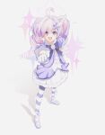  1girl absurdres ahoge blue_archive bow clenched_hands commentary drill_hair feather_hair_ornament feathers gloves hair_ornament halo hand_on_own_hip highres jacket kiwi_(uwee8553) long_hair looking_at_viewer multicolored_hair official_alternate_costume official_alternate_hairstyle pantyhose pink_hair pink_halo purple_bow purple_eyes purple_hair purple_jacket purple_pantyhose purple_shoes purple_skirt reisa_(blue_archive) reisa_(magical)_(blue_archive) shirt shoes skirt solo star_(symbol) star_hair_ornament striped_clothes striped_pantyhose twin_drills two-tone_hair very_long_hair white_gloves white_shirt white_skirt 
