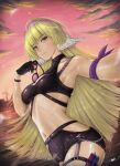  1girl absurdres animal_ears arknights artist_name bird_ears bird_girl black_gloves black_one-piece_swimsuit bracelet breasts character_name closed_mouth cloud cloudy_sky commentary dinnyforst english_commentary english_text feet_out_of_frame gloves green_hair highres holding holding_removed_eyewear jewelry lips long_hair looking_at_viewer navel official_alternate_costume one-piece_swimsuit pink_sky poncirus_(arknights) poncirus_(to_rest_in_night_breezes)_(arknights) red_eyes selfie sky solo standing swimsuit thigh_strap unworn_eyewear wet 
