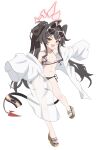  1girl :d absurdres ahoge bikini black_bikini black_hair black_tail blue_archive blush breasts collarbone commentary curved_horns demon_horns demon_tail eyewear_on_head fang full_body gehenna_academy_logo halo highres horns kasumi_(blue_archive) kasumi_(swimsuit)_(blue_archive) lab_coat long_hair long_sleeves looking_at_viewer medium_breasts mili_mli mismatched_bikini navel official_alternate_costume open_clothes open_mouth outstretched_arms platform_sandals red_bikini red_halo sandals see-through_clothes simple_background sleeves_past_fingers sleeves_past_wrists smile solo spread_arms standing standing_on_one_leg striped_bikini striped_clothes sunglasses swimsuit tail triangle_bikini_top twintails white-framed_eyewear white_background yellow_eyes 