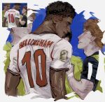  2026_fifa_world_cup 4boys back commentary dark-skinned_male dark_skin english_national_soccer_team_uniform eye_contact highres jude_bellingham looking_at_another mintothesoul multiple_boys nico_paz orange_hair photo-referenced real_life soccer_uniform sportswear undercut valentin_barco world_cup 