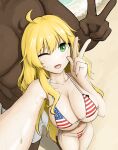  1boy 1girl absurdres ahoge american_flag american_flag_bikini american_flag_print beach bikini blacked_female blonde_hair blush breast_tattoo breasts commentary_request cowboy_shot day flag_print flag_print_bikini green_eyes hetero highres hoshii_miki idolmaster interracial large_breasts long_hair looking_at_viewer male_swimwear micro_bikini one_eye_closed open_mouth outdoors outstretched_arm print_bikini queen_of_spades_symbol race_fetishism race_fetishism_symbol selfie side-tie_bikini_bottom smile spade_(shape) spade_tattoo striped_bikini striped_clothes swimsuit tattoo teaseedoil990 v very_long_hair white_male_swimwear 