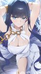  1girl absurdres ancient_greek_clothes armpits arms_behind_head arms_up blue_eyes blue_hair blunt_bangs breasts chain chain_necklace cleavage cleavage_cutout closed_mouth clothing_cutout commentary dress english_commentary gold_bracer gold_chain greco-roman_clothes highres hololive hololive_english jewelry large_breasts long_hair looking_at_viewer low_wings necklace official_alternate_costume official_alternate_hairstyle ouro_kronii ouro_kronii_(goddess) sidelocks sleeveless sleeveless_dress solo very_long_hair virtual_youtuber white_dress white_wings wing_covers wings yoellim5 