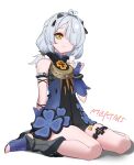  1girl absurdres antenna_hair atefstars bare_shoulders black_dress blue_dress blue_gloves closed_mouth commentary_request dandelion dracaene_sunbringer dress flower full_body gloves green_eyes grey_hair hair_over_one_eye highres holding holding_flower looking_at_viewer open-toe_boots partially_fingerless_gloves simple_background sitting solo thigh_strap twintails two-tone_dress wariza white_background zenless_zone_zero 