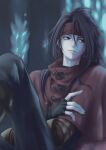  1boy black_gloves black_hair black_pants clawed_gauntlets cloak closed_mouth commentary_request feet_out_of_frame final_fantasy final_fantasy_vii fingerless_gloves gloves hair_between_eyes headband looking_to_the_side male_focus pants red_cloak red_eyes red_headband roco_pic sitting solo twintails vincent_valentine 