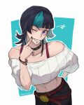  1other aqua_hair bare_shoulders belt black_choker black_hair black_nails black_pants blunt_bangs blush bracelet brown_belt capscize chin_piercing choker collarbone commentary cropped_sweater english_commentary eyelashes face_piercing finger_to_cheek fingernails grin highres hoshi_kirara jewelry jujutsu_kaisen medium_hair midriff mouth_piercing multicolored_hair multiple_belts nail_polish navel one_eye_closed outline pants piercing purple_eyes signature smile solo spiked_choker spikes star_(symbol) star_in_eye sweater symbol_in_eye teeth twitter_username two-tone_hair white_outline white_sweater 