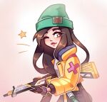  1girl artist_name avonir21 beanie bracelet brown_eyes brown_gloves brown_hair closed_mouth commentary english_commentary eyelashes gloves green_hat gun hat highres holding holding_gun holding_weapon jacket jewelry killjoy_(valorant) lips long_hair long_sleeves one_eye_closed open_clothes open_jacket smile solo star_(symbol) valorant weapon yellow_jacket 