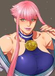  1girl bare_shoulders blue_eyes breasts grey_background hair_between_eyes halterneck highres jewelry large_breasts light_particles looking_to_the_side manon_legrand medal muscular muscular_female pink_hair pink_lips pink_nails saida_nika short_hair short_hair_with_long_locks sidelocks simple_background solo street_fighter street_fighter_6 