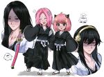  4girls ahoge anima_tion_1 anya_(spy_x_family) black_hair black_kimono bleach blue_eyes blush_stickers bond_(spy_x_family) bone_hair_ornament breasts child cleavage closed_eyes color_connection cosplay dog full_body gold_hairband green_eyes hair_between_eyes hair_color_connection hair_ornament hairband hairpods haori highres holding holding_sword holding_weapon japanese_clothes katana kimono kusajishi_yachiru kusajishi_yachiru_(cosplay) long_hair medium_hair multiple_girls open_mouth parted_bangs pink_hair red_eyes sandals shaded_face shihakusho sidelocks smile socks sparkle spy_x_family straight_hair sword taichou_haori unohana_retsu unohana_retsu_(cosplay) updo upper_body weapon white_socks yor_briar 