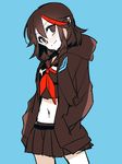  anko_(kirikiri) hands_in_pockets head_tilt hood hoodie kill_la_kill looking_at_viewer matoi_ryuuko midriff multicolored_hair navel partially_colored school_uniform senketsu serafuku short_hair skirt smile solo streaked_hair 