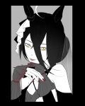  ahoge bare_shoulders black_hair black_ribbon choker closed_mouth coffeeseal criss-cross_halter dress ear_ornament ear_ribbon frilled_cuffs hair_bun halterneck highres lace-trimmed_choker lace_trim light_smile lipstick long_sleeves makeup manhattan_cafe_(umamusume) multicolored_hair nail_polish red_lips red_nails ribbon see-through_clothes see-through_veil single_hair_bun sleeveless sleeveless_dress umamusume veil white_hair white_ribbon wrist_cuffs yellow_eyes 