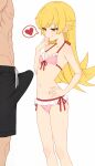  1boy 1girl absurdres ai-assisted bikini black_swim_trunks blonde_hair blush breasts bulge erection erection_under_clothes feet_out_of_frame flat_color frilled_bikini frills front-tie_bikini_top front-tie_top hand_on_own_hip hand_to_own_mouth heart highres long_hair looking_at_penis looking_down male_swimwear monogatari_(series) oshino_shinobu petite pink_bikini pointy_ears self-upload side-tie_bikini_bottom simple_background size_difference small_breasts smile smug spoken_heart standing swim_trunks swimsuit vampire whatever421 white_background yellow_eyes 
