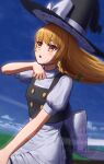  1girl apron back_bow beckody black_hat black_skirt black_vest blonde_hair blue_sky blush bow braid cloud commentary_request day green_bow hair_bow hat hat_bow highres kirisame_marisa long_hair outdoors puffy_short_sleeves puffy_sleeves short_sleeves side_braid single_braid skirt sky solo touhou vest waist_apron watermark white_apron white_bow witch_hat yellow_eyes 