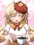  1girl :d ^_^ ahoge animal_on_head baby_animal bird bird_girl bird_on_head bird_wings blonde_hair blush chick closed_eyes commentary_request cup facing_viewer holding holding_cup multicolored_hair niwatari_kutaka on_head open_mouth outline pink_background red_hair rokugou_daisuke shirt short_hair short_sleeves signature smile solo touhou two-tone_hair upper_body white_outline white_shirt wings 