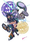  1girl armor black_hair bodysuit breasts brown_hair commentary_request company_connection frog_boy full_body gfred green_eyes gundam gundam_gquuuuuux gyan_(gquuuuuux) headgear highres holding holding_polearm holding_weapon keroro_gunsou lance long_hair looking_at_viewer mecha mecha_musume mechanical_arms mechanical_legs moke_ro mole mole_under_mouth nyaan_(gundam_gquuuuuux) open_mouth polearm robot science_fiction shield sunrise_(company) thrusters weapon xavier_olivette yellow_eyes zeon 