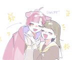  2girls :d animal_ears anyoji_hime arrow_(symbol) blush brown_dress closed_eyes commentary dog_ears dog_girl dress hasu_no_sora_school_uniform hood hood_down hooded_jacket jacket kachimachi_kosuzu kemonomimi_mode long_sleeves love_live! love_live!_hasu_no_sora_jogakuin_school_idol_club multiple_girls neckerchief notice_lines open_clothes open_jacket open_mouth pink_jacket pipi_(m1x_mix) sailor_collar sailor_dress school_uniform simple_background smile untranslatable_commentary upper_body virtual_youtuber white_background white_sailor_collar winter_uniform yellow_neckerchief 