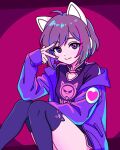  ahoge animal_ear_headphones animal_ear_legwear animal_ears asakura_neko black_shirt brown_hair cat_ear_legwear commentary_request cytus cytus_ii fake_animal_ears headphones highres jacket multicolored_hair pink_hair print_shirt purple_eyes purple_jacket s.z.k.o. shirt shorts smile solo streaked_hair thighhighs v v_over_eye 