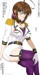  1girl ahoge arm_support belt black_belt black_choker blush bra breast_pocket breasts brown_hair chamumi_(mochiumee) choker cleavage commentary_request epaulettes female_admiral_(kancolle) folded_ponytail gloves green_eyes grin hair_between_eyes hand_on_own_knee highres jacket kantai_collection large_breasts looking_at_viewer military_uniform mole mole_on_breast mole_on_thigh mole_under_mouth pocket purple_bra purple_thighhighs sidelocks sitting skirt smile thighhighs translation_request underwear white_gloves white_jacket white_skirt 