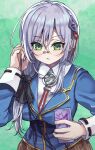  1girl absurdres blue_jacket blush breasts brown_skirt collared_shirt colored_eyelashes commentary_request cowboy_shot cowlick earphones eyes_visible_through_hair glasses green_background green_eyes grey_hair hair_between_eyes hair_ribbon hand_up heaven_burns_red highres holding holding_earphones holding_phone izumi_yuki jacket large_breasts long_hair long_sleeves low_side_ponytail neck_ribbon parted_lips phone red_ribbon ribbon round_eyewear rounded_collar shirt side_ponytail sidelocks simple_background siromochino skirt solo white_shirt 