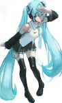  1girl absurdres arm_up arthur9h bare_shoulders black_boots black_skirt black_sleeves blue_hair blue_necktie boots closed_mouth collared_shirt commentary detached_sleeves double-parted_bangs full_body green_eyes hair_between_eyes hatsune_miku highres long_hair long_sleeves looking_at_viewer miniskirt necktie pleated_skirt shirt simple_background skirt sleeveless sleeveless_shirt smile solo standing thigh_boots twintails very_long_hair vocaloid white_background white_shirt zettai_ryouiki 