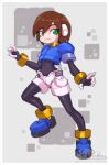  1girl aile_(mega_man_zx) black_bodysuit blue_jacket bodysuit brown_hair commentary cropped_jacket dot_nose english_commentary full_body green_eyes grey_background jacket mega_man_(series) mega_man_zx mrdiableg robot_ears short_hair shorts smile solo white_shorts 