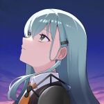 1girl ascot blazer brown_jacket cloud collared_shirt commentary_request dress_shirt green_eyes green_hair headshot jacket kantai_collection looking_up orange_ascot purple_sky shirt sky solo suzuya_(kancolle) teramoto_kaoru upper_body white_shirt 