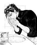  1boy arms_up closed_mouth commentary_request diamond_wa_kudakenai faucet greyscale hat highres jojo_no_kimyou_na_bouken kujo_jotaro leaning leaning_forward male_focus medium_hair monochrome pants profile shirt short_sideburns sideburns sink sleeves_rolled_up solo springbloomed26 unworn_headwear washing_face wet 