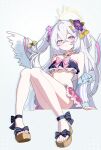  1girl ahoge angel_wings azusa_(blue_archive) azusa_(swimsuit)_(blue_archive) bikini bikini_skirt blue_archive blush breasts commentary_request crossed_bangs feathered_wings flower frills gradient_eyes hair_between_eyes hair_flower hair_ornament halo jewelry long_hair looking_at_viewer monaka3200 multicolored_eyes necklace official_alternate_costume purple_eyes purple_flower ruffle_bikini sandals sitting solo strapless strapless_bikini swimsuit toes white_hair white_wings wings yellow_halo 