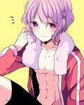  1boy androgynous blush jacket kosuzume leona_west male_focus mole mole_under_eye muscle navel pink_eyes pink_hair pretty_(series) pripara solo towel wet 