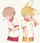  2boys animal_ears arm_behind_head blonde_hair brown_hair child closed_eyes commentary_request dated far_tarooo grin hand_on_own_arm highres laughing male_focus multiple_boys noru_(far_tarooo) open_mouth original rabbit_boy rabbit_ears red_shorts rotto_(far_tarooo) shirt short_hair shorts smile sweatband tearing_up white_shirt wristband yellow_shorts 