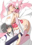  akemi_homura animal_ears bare_shoulders black_hair blush breast_rest breasts cleavage cleavage_cutout commentary_request covered_nipples detached_sleeves flower fox_shadow_puppet hair_between_eyes hair_flower hair_ornament hairband japanese_clothes kaname_madoka kimono large_breasts long_hair looking_at_viewer mahou_shoujo_madoka_magica multiple_girls multiple_tails navel obi older oman_(evld) panties partial_commentary pink pink_hair pink_legwear purple_eyes red_hairband sash side-tie_panties sideboob smile sweatdrop tail thighhighs ultimate_madoka underwear yellow_eyes 