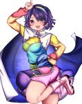  1girl absurdres agedashi boots breasts cape chinese_commentary commentary_request dress hairband highres leg_up long_sleeves looking_at_viewer medium_breasts multicolored_dress multicolored_hairband open_mouth patchwork_clothes pink_boots pointing pointing_up pouch purple_eyes purple_hair purple_nails rainbow_gradient rainbow_hairband short_hair simple_background sky_print smile solo tenkyuu_chimata thighs touhou two-sided_cape two-sided_fabric white_background white_cape 