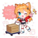  1girl :d ;d animal_ears black_shorts blue_bow blue_shoes blush bow box cardboard_box cat_ears cat_girl chibi chibi_only commentary_request crop_top double-parted_bangs fang full_body green_eyes hair_between_eyes hair_bow hair_intakes hair_ornament hairclip hand_up jacket kneehighs long_hair long_sleeves looking_at_viewer low_twintails midriff navel notice_lines one_eye_closed open_clothes open_jacket open_mouth orange_hair original parallel_hairclips red_jacket shoes short_twintails shorts smile socks solo sparkle standing standing_on_one_leg twintails twitter_username w watermark white_socks zest_(lossol) 