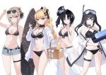  4girls basket bikini black_hair blonde_hair blue_eyes bow breasts butterfly_hair_ornament camera closed_mouth commentary_request diving_mask diving_mask_on_head eyewear_on_head flower goggles goggles_on_head grey_eyes hair_ornament hasumi_leia hat highres holding holding_basket holding_camera housho_margo jacket kurobe_nanoka long_hair long_sleeves looking_at_viewer mahou_shoujo_no_majo_saiban mia_(mia122303) multicolored_hair multiple_girls open_mouth purple_eyes purple_hair ribbon short_hair shorts simple_background smile snorkel snorkel_mask sunglasses surfboard swimsuit swimsuit_cover-up water_gun white_background yellow_eyes 