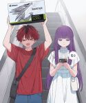  >_< 1boy 1girl :d absurdres bag blunt_bangs box commentary contemporary credit_card dress ebidai escalator fern_(sousou_no_frieren) geforce_rtx_5090 graphics_card highres holding holding_box long_hair mastercard open_mouth pout purple_eyes purple_hair purple_pupils red_hair red_shirt shirt short_hair shoulder_bag smile sousou_no_frieren stark_(sousou_no_frieren) straight_hair white_dress 