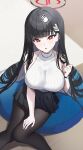  absurdres black_hair black_halo black_pantyhose blue_archive breasts bright_pupils commentary_request disembodied_hand hair_behind_ear hair_ornament hairclip halo hand_on_another's_head headpat highres large_breasts long_hair multicolored_halo nadentd pantyhose red_eyes red_halo ringed_eyes rio_(blue_archive) sleeveless sleeveless_sweater sleeveless_turtleneck sweater turtleneck turtleneck_sweater two-tone_halo white_pupils white_sweater 