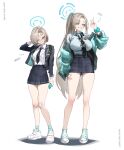  2girls absurdres alternate_costume alternate_hairstyle aqua_shoes aqua_socks arm_behind_head asuna_(blue_archive) black_jacket black_necktie black_skirt blonde_hair blue_archive blue_eyes blue_halo blue_scrunchie blue_shirt blush breasts bucho_sama cellphone collared_shirt commentary grin hair_over_one_eye halo highres holding holding_phone jacket large_breasts long_hair miniskirt multiple_girls necktie open_clothes open_jacket pencil_skirt phone plaid_clothes plaid_skirt pleated_skirt ponytail school_uniform scrunchie shirt shoes short_hair skirt smartphone smile sneakers socks very_long_hair w white_shirt white_shoes wrist_scrunchie 