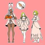  3girls animal_ears ashelia_b'nargin_dalmasca barefoot blonde_hair bottle braid breasts center_opening clawed_feet closed_eyes closed_mouth commentary_request crossed_arms cup dark-skinned_female dark_skin dot_mouth dress final_fantasy final_fantasy_xii fran_(ff12) full_body hair_over_shoulder holding holding_bottle holding_cup long_hair medium_breasts mochi_(hanamaruudondesu) multiple_girls open_mouth pajamas panties penelo pink_background pink_dress pink_pajamas pink_panties pink_romper pouring rabbit_ears romper short_hair signature single_braid smile speech_bubble squid standing thought_bubble twin_braids underwear viera white_hair 