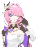  1girl ;) absurdres black_gloves black_shrug blue_eyes breasts chinese_commentary cleavage commentary_request corset elf elysia_(honkai_impact) elysia_(miss_pink_elf)_(honkai_impact) gloves hair_intakes hair_ornament highres honkai_(series) honkai_impact_3rd large_breasts long_hair looking_at_viewer one_eye_closed pink_hair pointy_ears shrug_(clothing) simple_background smile solo very_long_hair white_background white_corset xianchong02953 