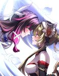  2girls absurdres black_bow black_collar black_hair blue_eyes blush bonnet bow braid braided_base brown_hair bun_with_braided_base closed_mouth collar columbina_(genshin_impact) commentary detached_collar detached_sleeves dress elysium1nyou english_commentary eye_contact face-to-face falling_feathers feathers genshin_impact hair_bun hair_ornament hair_ribbon highres long_hair looking_at_another multicolored_hair multiple_girls parted_lips profile purple_eyes purple_hair ribbon sandrone_(genshin_impact) smile streaked_hair white_background white_dress white_ribbon white_wings winding_key wings yuri 