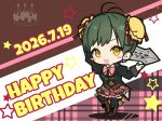  1girl :d absurdres antenna_hair arm_up artist_name assault_lily belt belt_buckle birthday_cake black_jacket black_thighhighs blush_stickers boots bow bowtie brown_background brown_belt brown_boots brown_skirt buckle bun_cover cake chibi chibi_only commentary corset dated double_bun food full_body green_hair hair_bun hand_up happy_birthday heel_up highres holding holding_behind_back holding_sword holding_sword_behind_back holding_weapon holding_weapon_behind_back hotaru_(ultraroly_poly) jacket juliet_sleeves knee_boots lace-up_boots li_christina_susu long_sleeves ludvico_private_girls'_academy_school_uniform miniskirt multiple_belts open_mouth pink_bow pink_bowtie plaid_background plaid_clothes plaid_skirt puffy_sleeves school_uniform short_hair skirt smile solo standing star_(symbol) sword thighhighs two-tone_background v-shaped_eyebrows weapon white_background yellow_eyes 