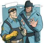  2boys bara blank_speech_bubble blu_engineer_(tf2) blu_soldier_(tf2) broken_helmet buzz_cut cheekbones commentary_request cowboy_shot engineer_(tf2) finger_counting gloves kalium_(jojajoja99999) korean_commentary looking_at_another male_focus multiple_boys short_hair single_glove smirk soldier_(tf2) speech_bubble standing team_fortress_2 thick_eyebrows very_short_hair 